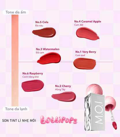Son tint lì M.O.I Lollipops – #6 Raspberry Cánh hồng khô