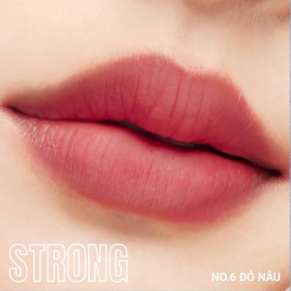 Son M.O.I The New Iconic No.6 Strong đỏ nâu và hộp sản phẩm