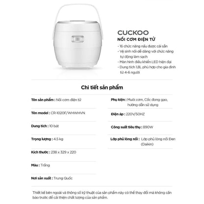 Nồi Cơm Điện Tử CUCKOO CR-1020F 1,8L - Bảng Điều Khiển LED - Lòng Nồi Chống Dính - Hàng Chính Hãng